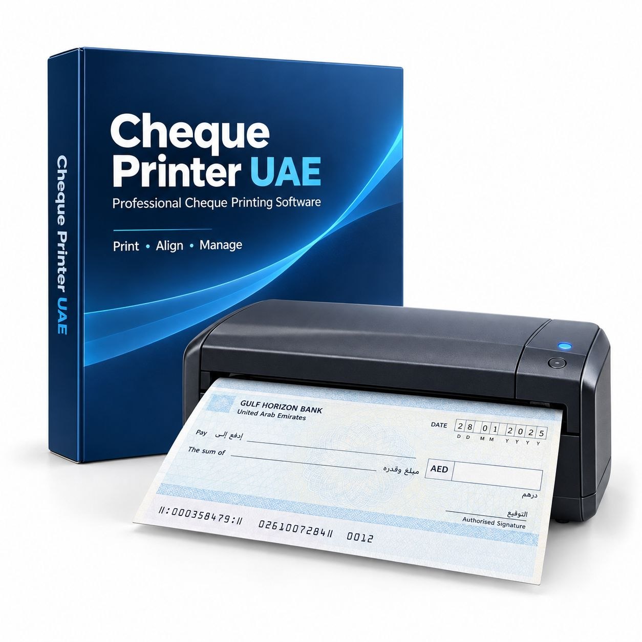 Cheque Printer UAE — professional cheque printing software box with compact cheque printer and UAE bank cheque