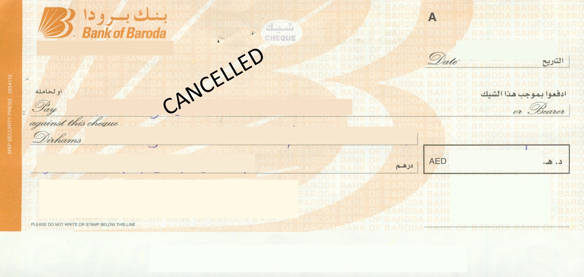 BANK OF BARODA cheque sample, code BOB-001, blank cheque leaf