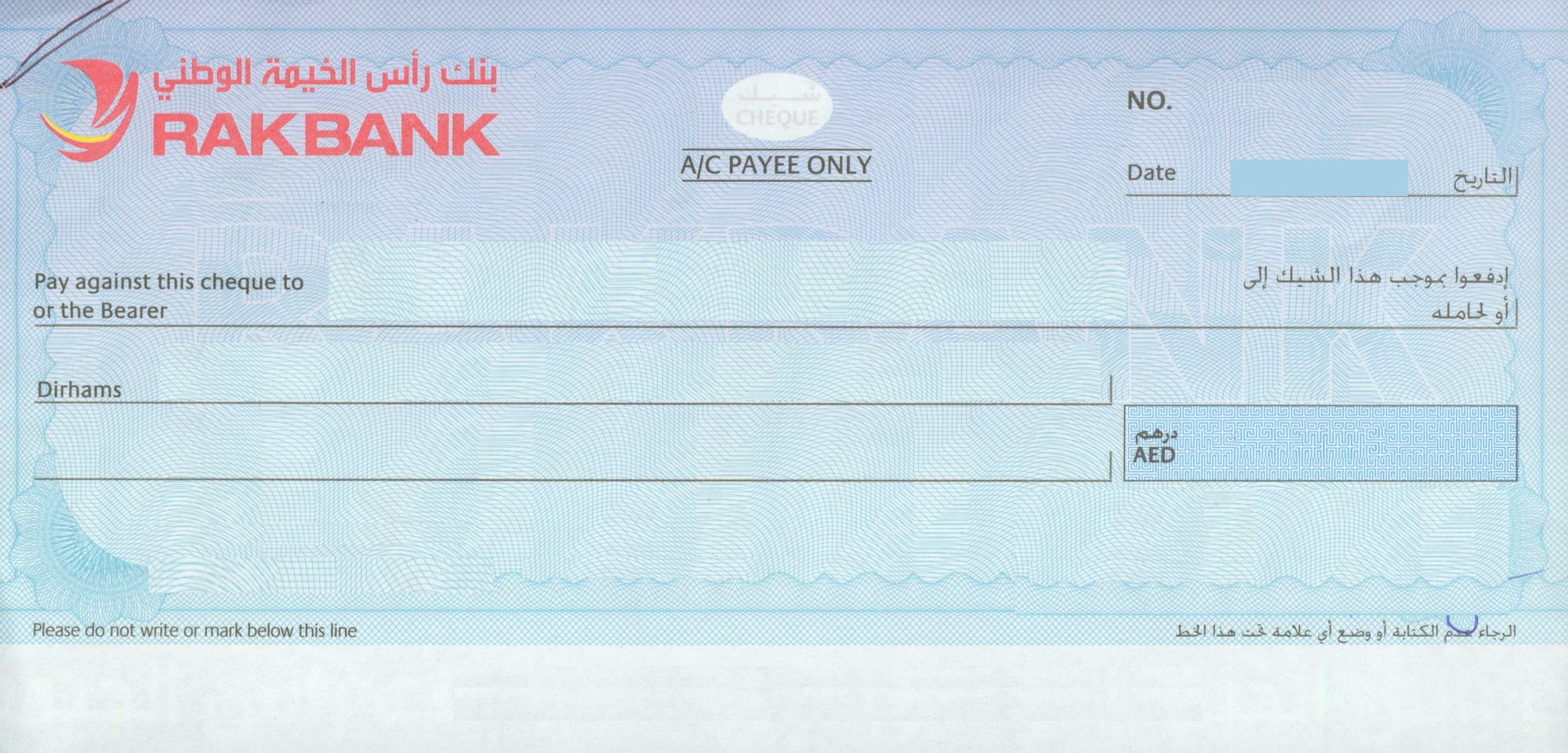 RAK BANK-OLD cheque sample, code RAK-002, blank cheque leaf