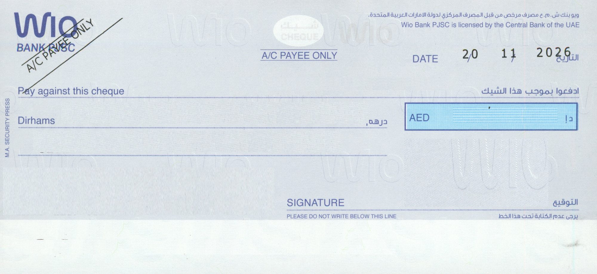 WIO BANK cheque sample, code WEO-002, blank cheque leaf