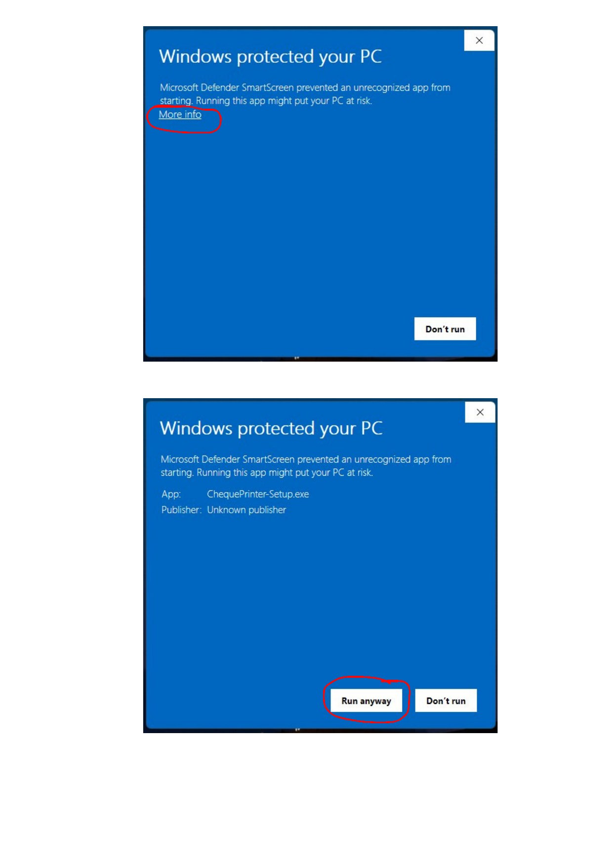 Windows Defender SmartScreen file details shown during cheque software installation
