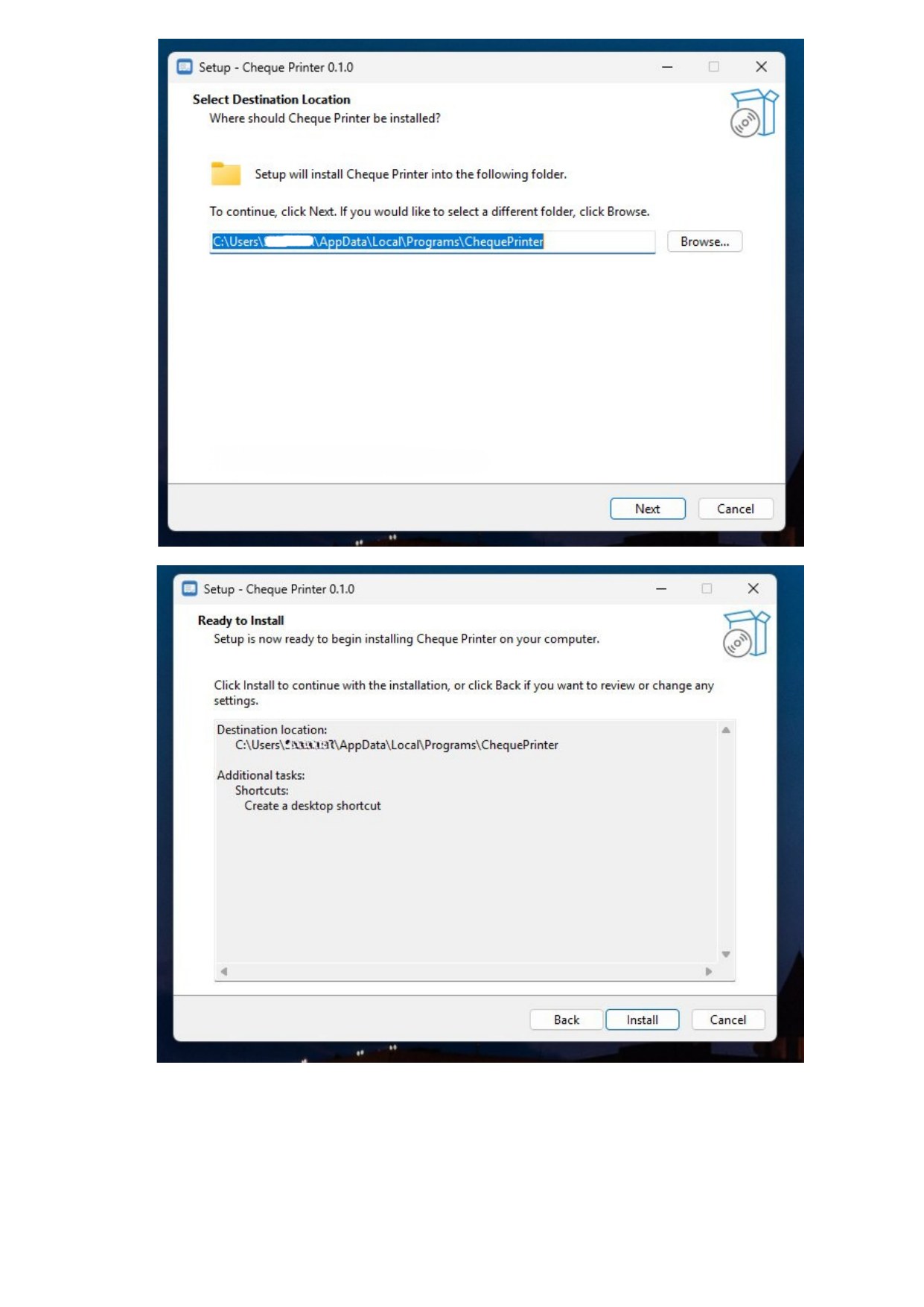 Cheque Printer setup wizard — select folder and click Install