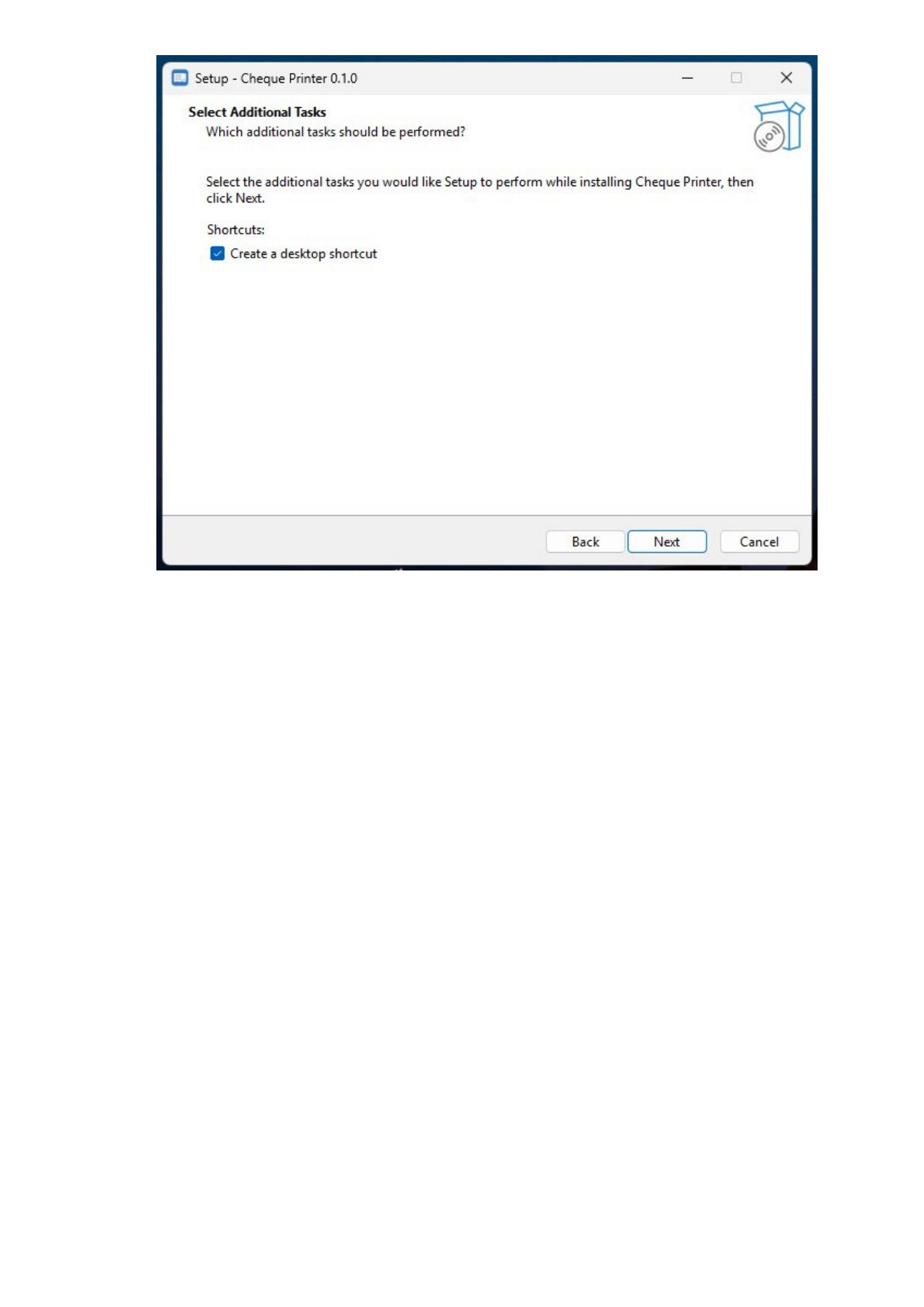Cheque Printer setup — create desktop shortcut