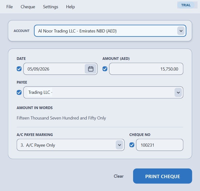 Cheque Printer UAE Windows application with live cheque preview
